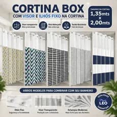 Cortina De Box Banheiro Com Ilhós 1,35m x 2,00m - Visor Transparente E Saia Estampada - Antimofo