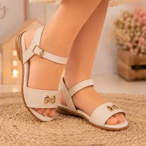 Sandália Infantil Menina Laço Dourado Confortável Rasteirinha Leve Casual Festa Ajustável Casual Dia
