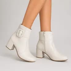 Bota Feminina Cano Curto Salto Bloco 5 cm Médio Detalhe de Fivela na Lateral Moderna Casual Confortável