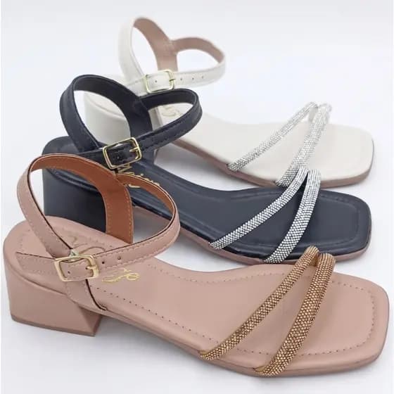 Sandália com salto bloco 05 cm com strass brilho, lançamento ideal para Noiva, festas e casamento, do 34 ao 42, "Chique"