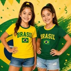 Camiseta Feminina Brasil Verde Estampa Frontal Manga Curta Gola Contrastante Casual Confortável