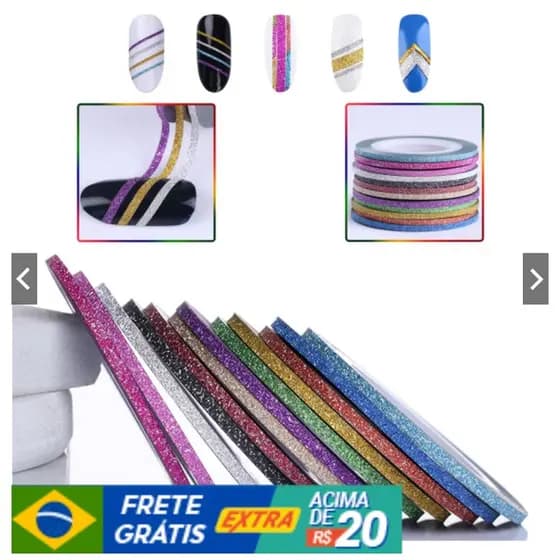 Kit com 10 Fitilhos com Glitter para Decoração de Unhas