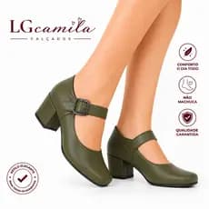 Sapato Feminino Sandália Social Saltinho Baixo Ajuste Bico Levemente Quadrado Verde Escuro