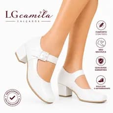 Sapato Social Feminino de Salto Bloco Branco Verniz de Fivela