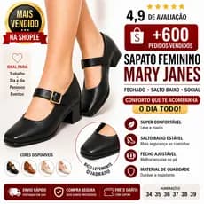 Sapato Feminino Mary Jane Salto Bloco Confortável Bico Quadrado Social Casual Elegante Dia a Dia Promoção