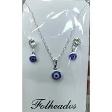 Conjunto Colar E Brinco Kit Folheado Prata Pingente Olho Grego