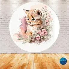 Painel de festa em tecido sublimado 1,5m Gatinho com flores