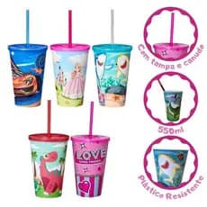 Copo Infantil 550ml Decorado Tampa Reta E Canudo Resistente Para Crianças Usual