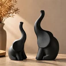Kit Elefantes Decorativos Família Luxo Sala Quarto Estátua Premium Preto