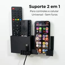 Suporte Parede Controle Remoto e Celular 2em1 Sem Furo Organizador com Porta Cabo