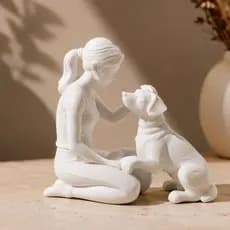 Escultura Mulher e Cachorro Minimalista Arte Moderna Decoração Sala Quarto Casa Pet Lover