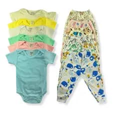 Kit C/4 - Body Manga Curta + Calça Estampada Malha Canelada Menino e Menina