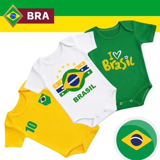 Body de Bebe Manga Curta Temático COPA DO MUNDO Brasil Suedine 100% Algodão