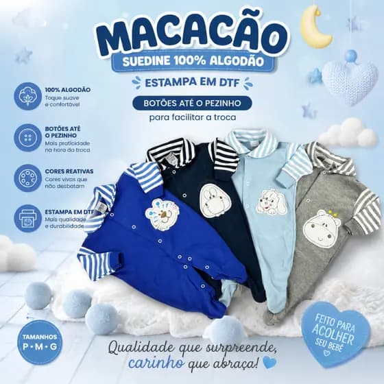 Kit C/4 - Macacão De Bebê Suedine Estampado Kit Menino