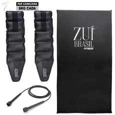 Colchonete Preto E Corda De Pular E Par Tornozeleira Caneleira Peso 6kg Profissional