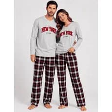Calça Xadrez e Blusa Casal Conjunto De Dormir Pijama Suede  Confortável  Unissex
