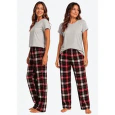Calça Xadrez e Blusa Conjunto De Dormir Pijama Suede Algodão Confortável Feminino