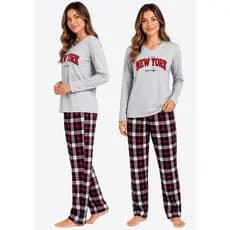 Calça Xadrez e Blusa Conjunto De Dormir Pijama Suede Algodão Confortável Unisex Feminino
