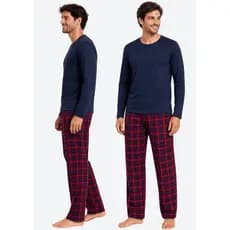 Pijama de Inverno Masculino Manga Longa Calça Comprida Adulto de Frio Xadrez