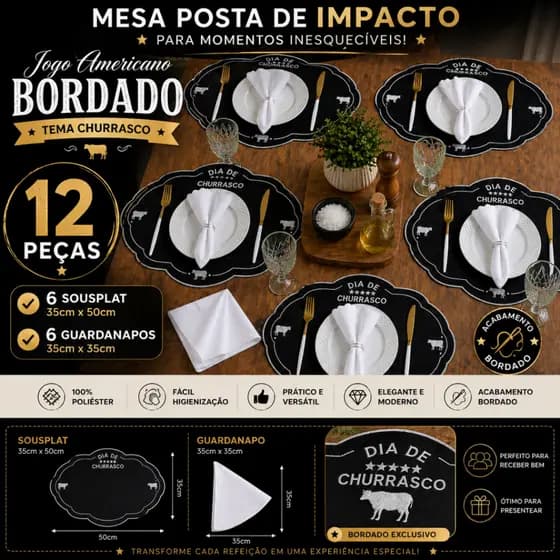 Jogo Americano Churrasco 12 Peças Sousplat Bordado + Guardanapos Branco Mesa Posta Luxo 6 Lugares