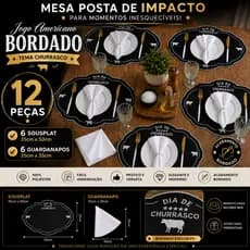 Jogo Americano Churrasco 12 Peças Sousplat Bordado + Guardanapos Branco Mesa Posta Luxo 6 Lugares