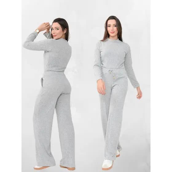 Conjunto Feminino Casual Lanzinha Frio Outono Inverno 2 Peças Blusa + Calça Pantalona