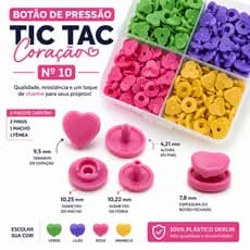 Botão De Pressão De Plástico Ritas Colorido TicTac Coração Tamanho 10 C/50Unidade Para Artesanato
