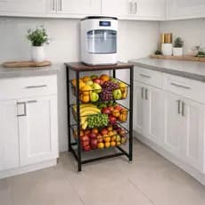 Fruteira de Chão Cozinha Suporte Filtro Microondas Preto em Aço MDF Amadeirado Multiuso 3 Cestos Moderna Envio Imediato