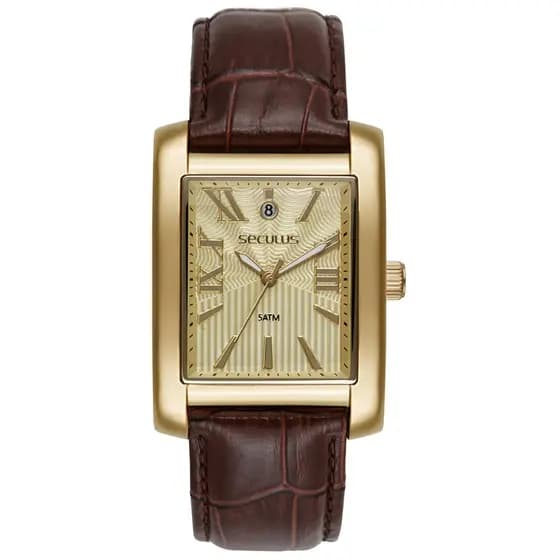 RELÓGIO SECULUS MASCULINO QUADRADO COURO DOURADO 23744GPSVDC2