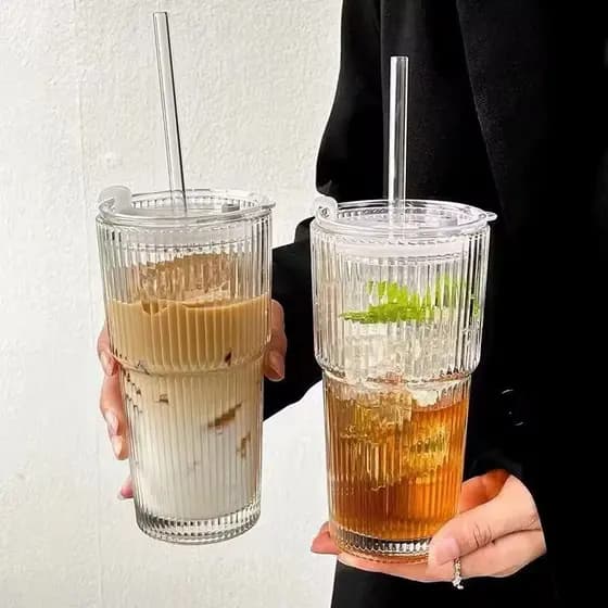 Copo Caneca De Vidro Com Canudo Capuccino Tampa Não Derruba Líquido Olivini Home