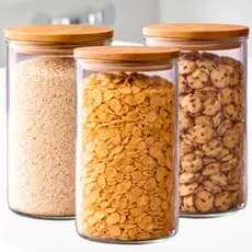 Kit 3 Potes De Vidro Borossilicato Hermético Tampa Bambu Vedação Alimentos Cereais Olivini Home