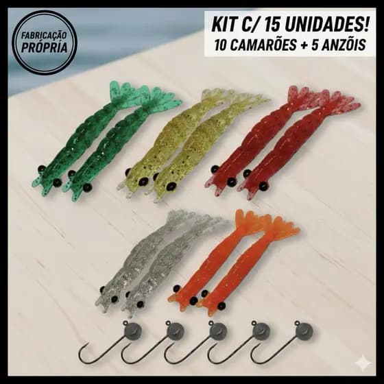 kit Camarão Artificial - 10 Camarões + 5 Jig Head. 15 unidades.