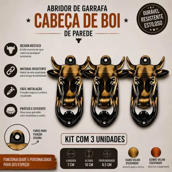 Kit 3 Abridor Garrafa De Parede Boi Cabeça Animal Decorativo Espaço Gourmet Decoração