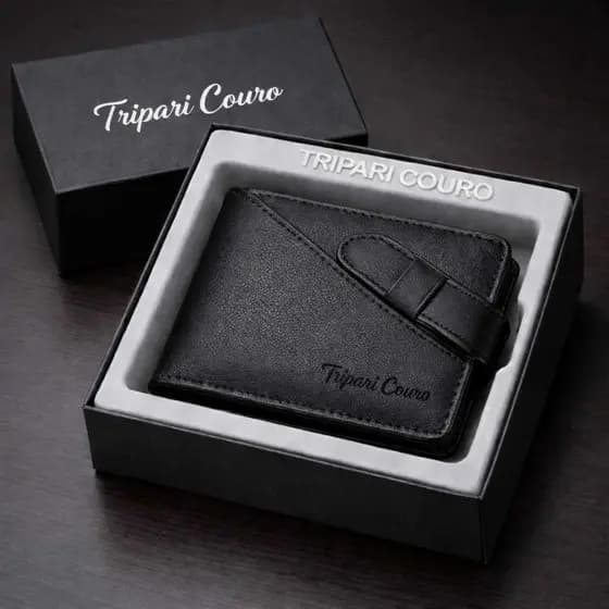 Carteira masculina couro legítimo Tripari couro Fecho cinta porta moedas cartão cnh Caixa presente