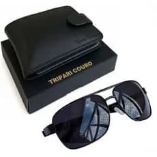 Kit carteira masculina + óculos escuro Carteira couro legítimo óculos com proteção UV400