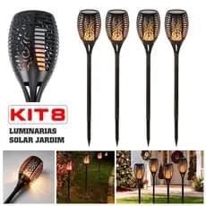 Kit 8 Luminaria Solar Espeto de Jardim Balizador Tocha Efeito Decoração Luz Para Áreas Externas