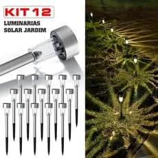 Kit 12 Luminaria Solar Balizador Espeto Led de Jardim Chão Prata Decoração Jardim Luz Quente Frio