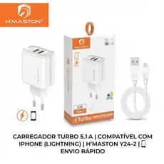 Carregador Turbo H'Maston Y24-2 para iPhone – 2 USB, Rápido e Compacto