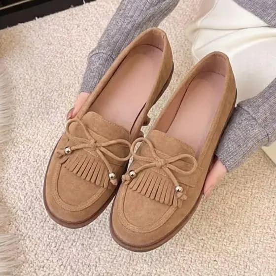 Mocassim Baixo Feminino Elegante Couro Legítimo Camurça Confortável Casual Bico Redondo Promoção