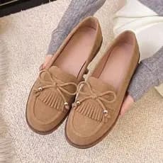 Mocassim Baixo Feminino Elegante Couro Legítimo Camurça Confortável Casual Bico Redondo Promoção
