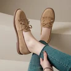 Mocassim Feminino Baixo Confortável Camurça Legítima Casual Elegante Bico Redondo