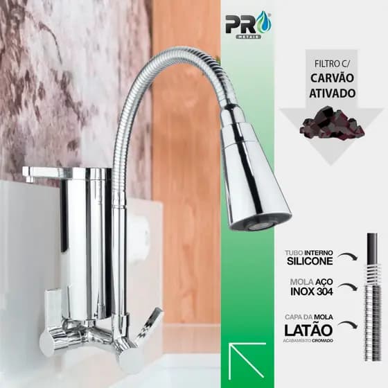 Torneira Gourmet Cozinha Com Filtro Parede Pia em Metal Dois Jatos Flexível 1/4 de Volta Cód. 1154