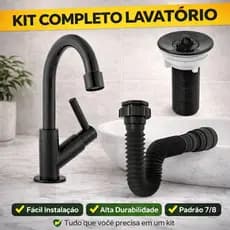 Kit Para Cuba Lavatório Torneira Pia de Banheiro Preta ABS + Valvula 7/8 + Sifão