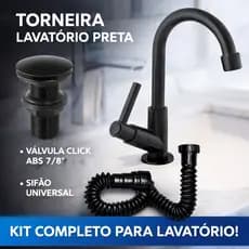 Kit Para Cuba Lavatório Torneira Pia de Banheiro Preta ABS + Valvula Click  7/8 + Sifão 72 cm