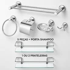 Kit Banheiro Completo Luxo 5 Peças Inox Porta Toalha Duplo + Porta Shampoo Vidro 6mm 10x30cm Cromado