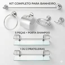 Kit Banheiro Completo Luxo 5 Peças Inox + Porta Shampoo Vidro 6mm 10x30cm Cromado