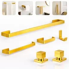 Kit Banheiro 4 Peças Dourado Luxo Square + 2 Acabamentos Registro Quadrado Metal Premium