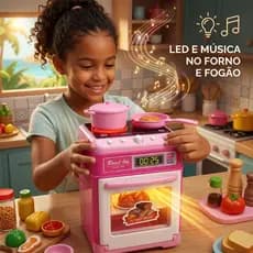 Fogão Infantil Rosa 2 Bocas Com Forninho Som Luz LED Música Panelinhas Acessórios Cozinha Brinquedo Educativo Meninas