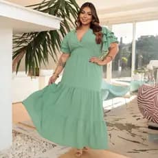 Vestido Plus Size Com Babado Elegante Evangelico Moda Cristã Festa Casamento Madrinha Formatura Plus