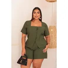 Conjunto Plus Size Alfaiataria Evangélico Social Feminino Short com Bolso Blusa Elegante Top Premium